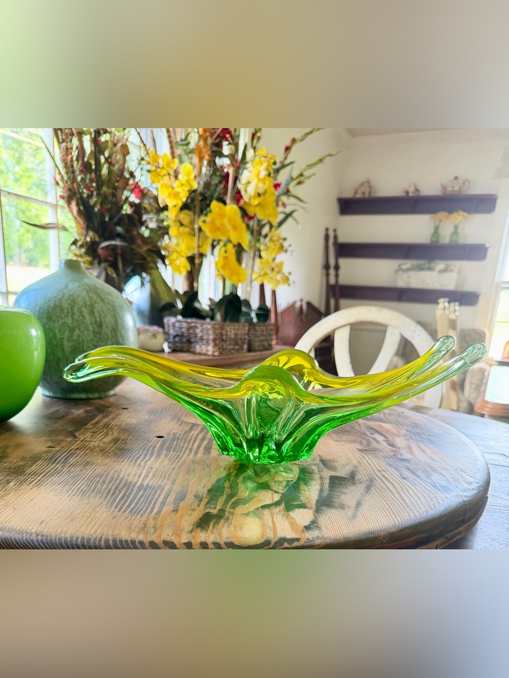 Vintage Murano Style Green and Yellow Art Glass Bowl